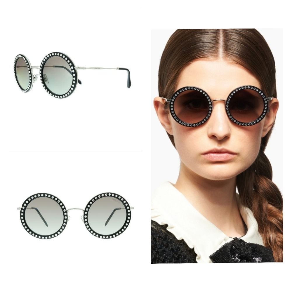 MIU MIU Retro Round Rhinestone Studded Sunglasses Black Délice Y2K - Picture 3 of 17